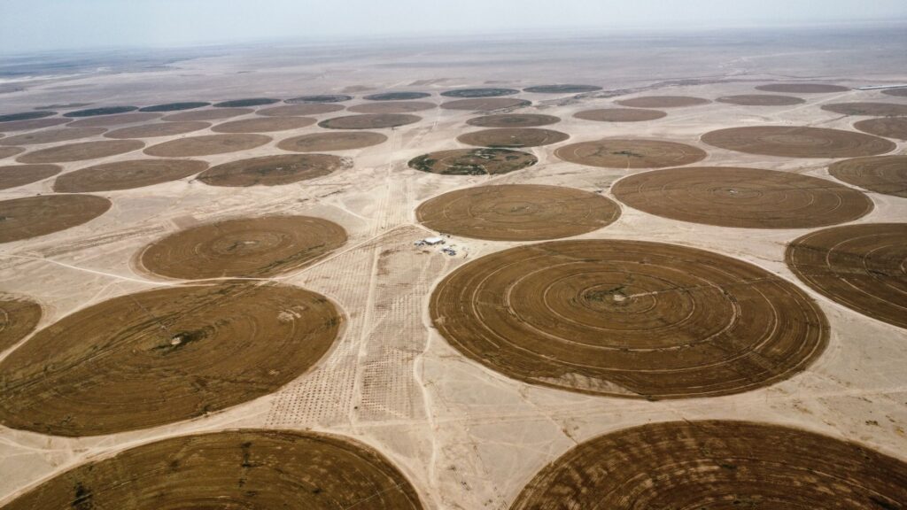 Aerial shot of circular irrigation patterns in an arid desert landscape.