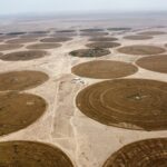 Aerial shot of circular irrigation patterns in an arid desert landscape.