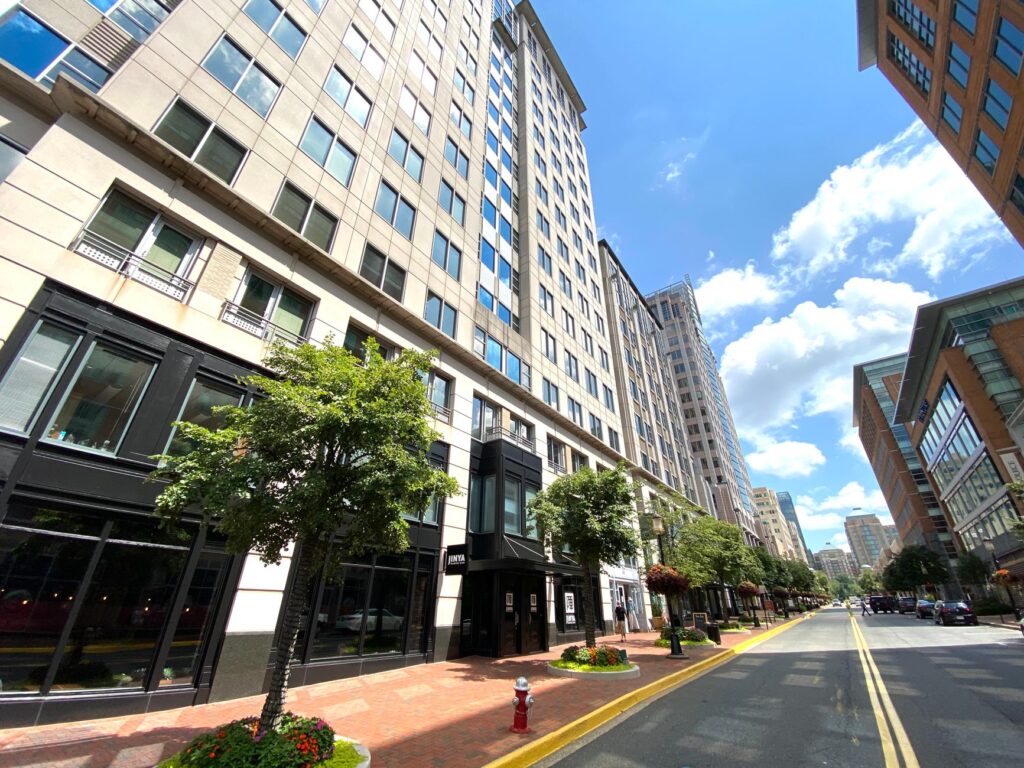 Vibrant cityscape capturing the modern architecture of Reston, Virginia on a sunny day.