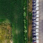 Drone shot of parked trucks next to a lush green cropland in Poznań, Poland.