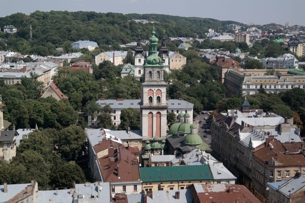 Stunning aerial view showcasing the architecture and green spaces of Lviv, Ukraine.