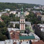 Stunning aerial view showcasing the architecture and green spaces of Lviv, Ukraine.