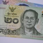 Detailed image of a 20 Thai Baht banknote highlighting traditional Thai design and currency features.