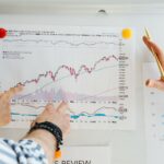 Two professionals analyze stock market graphs with a focus on finance and data trends.
