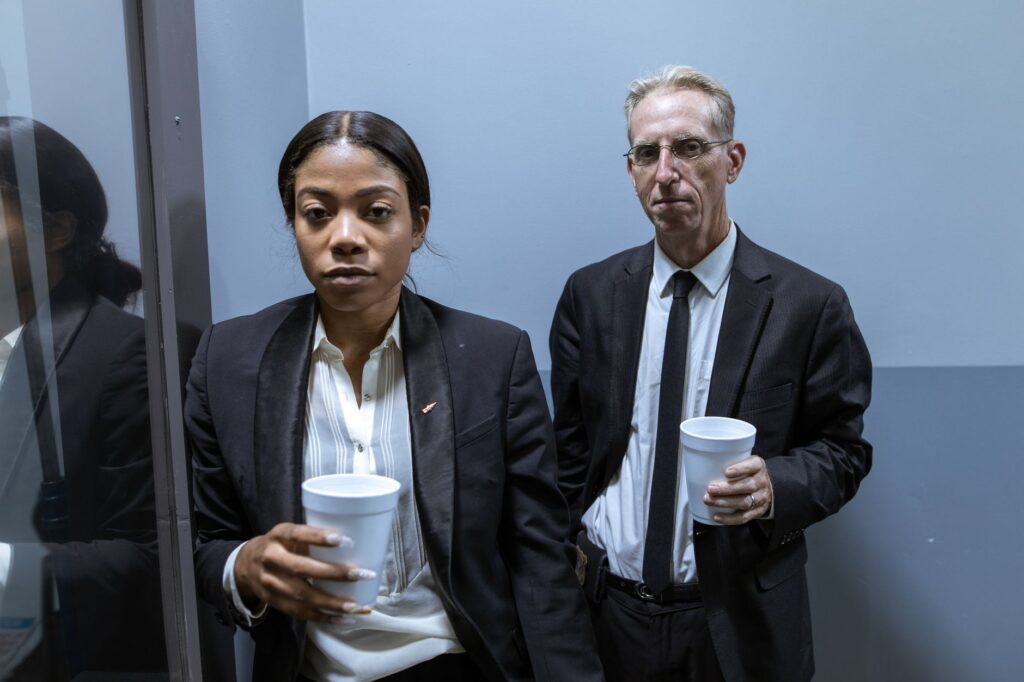 Serious detectives in suits holding cups, suggesting a tense investigation setting.