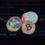Floating Bitcoin and Ethereum coins with a market trend chart in the background symbolizing digital finance.