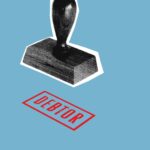 Decorative cardboard composition of stamp with Debtor title under black seal on blue background