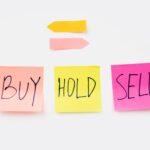 Colorful sticky notes with financial terms 'Buy', 'Hold', and 'Sell' on a clean white backdrop.