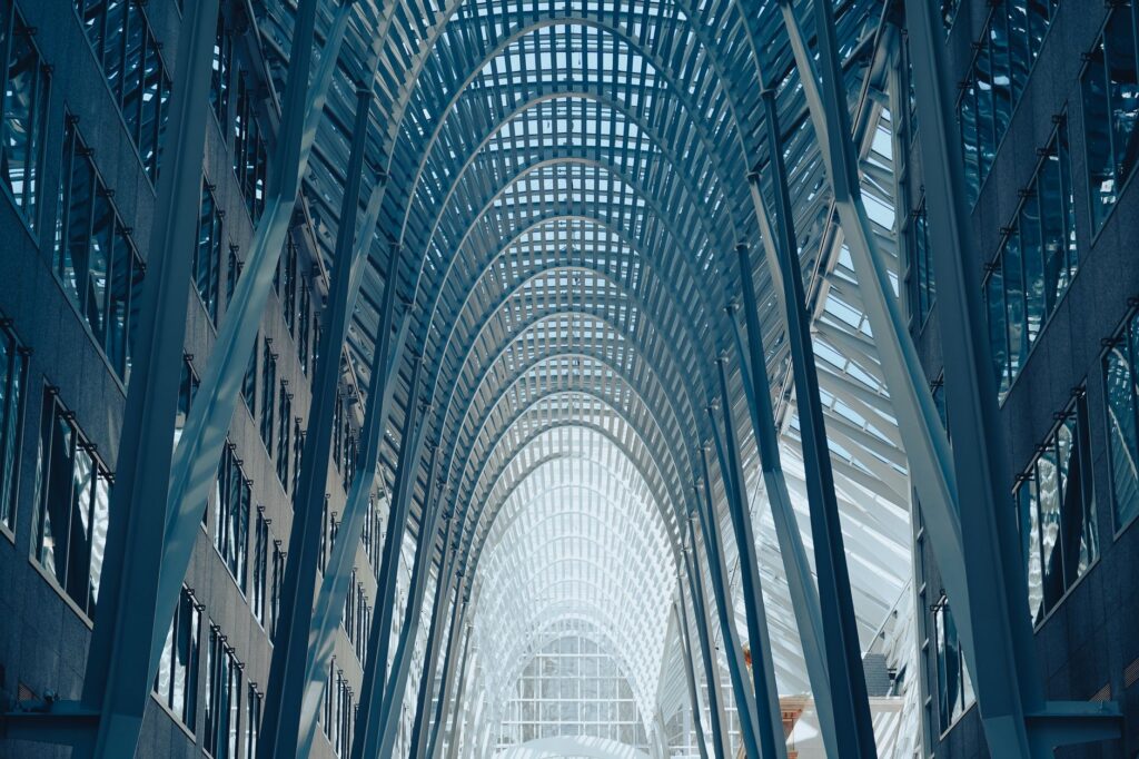 Stunning view of architectural arches in Toronto's Brookfield Place atrium.