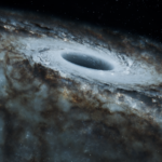 A captivating view of a black hole surrounded by swirling stars in a spiral galaxy.