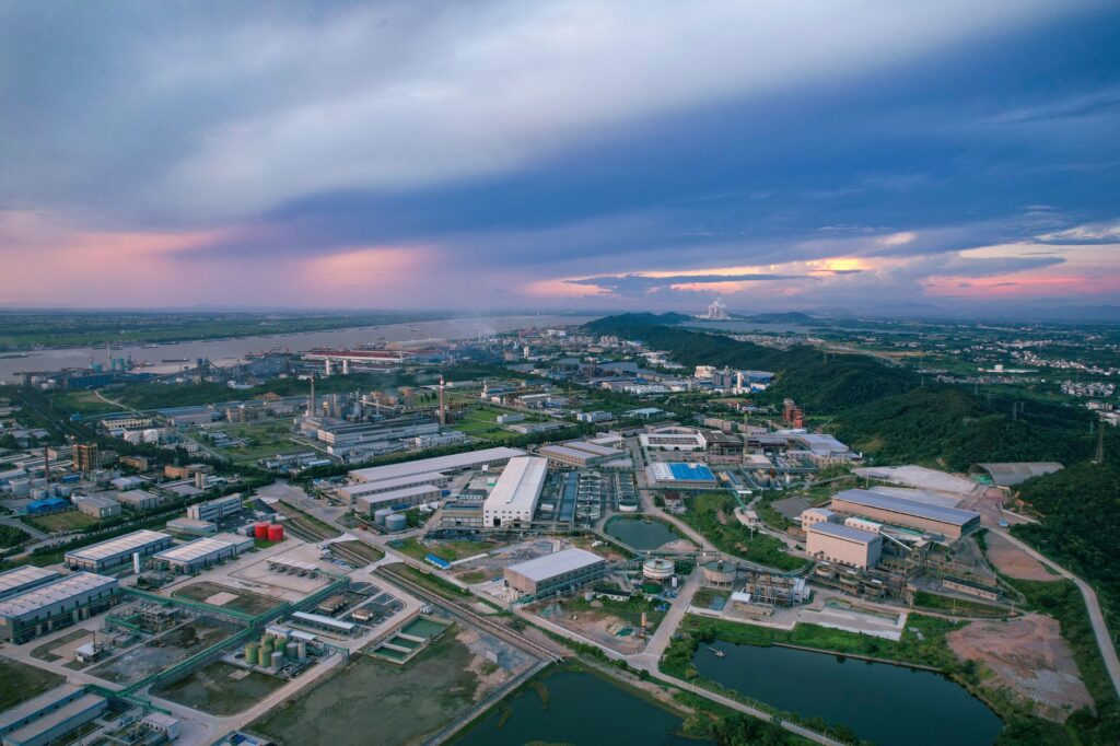 A stunning aerial view of an industrial area at sunset in Jiujiang, China.