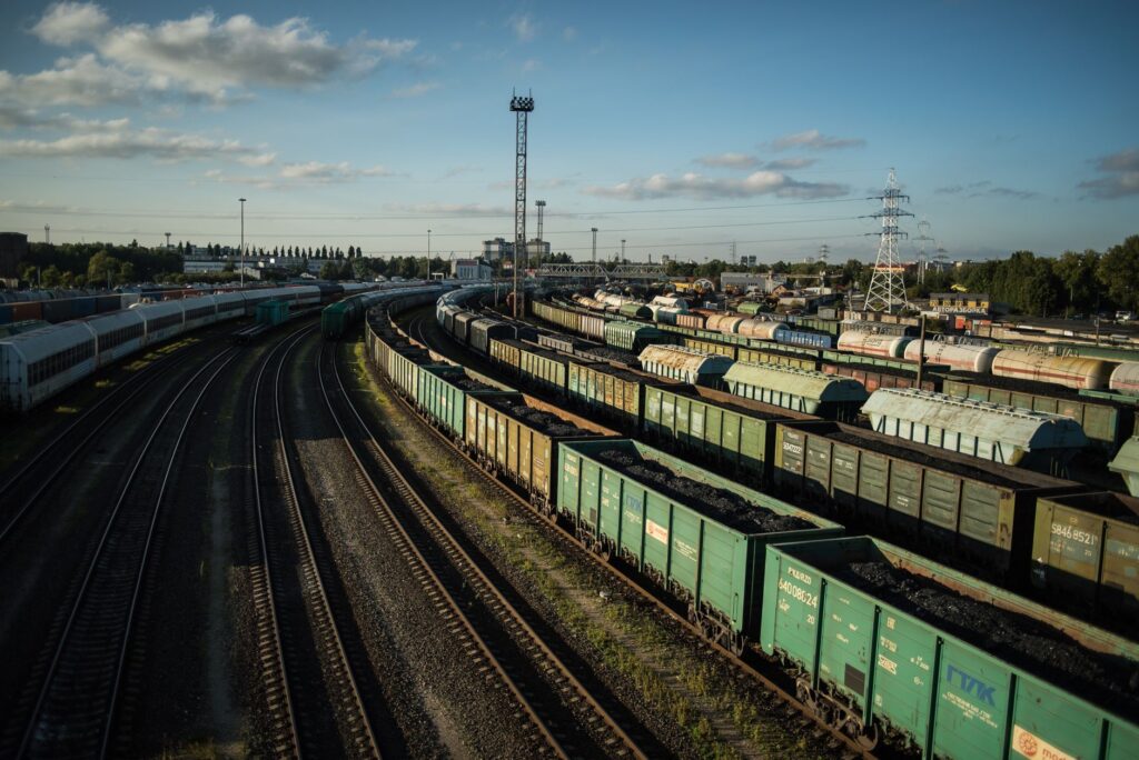 Industrial freight trains in Kaliningrad, showcasing logistics and transportation sector.