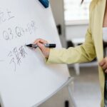 East Asian woman writing on a whiteboard during a business presentation with Chinese characters visible.