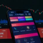 Close-up of a smartphone displaying a stock trading app against a backdrop of market charts.