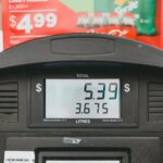 Close-up of a gas pump display showing price per liter and total volume during a transaction.
