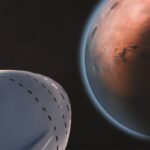 A detailed view of a spaceship approaching Mars, highlighting interplanetary exploration.