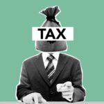 Concept illustration of man with money bag instead of head in suit representing financial concept on green background
