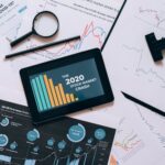 Tablet displaying 2020 stock market crash amidst graphs and charts. Perfect for financial analysis themes.