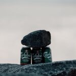 Three Carlsberg beer cans supported by rocks with an ocean backdrop, creating a unique still life.