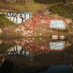 A serene outdoor scene of graffiti-covered brick wall reflecting in a calm pond.