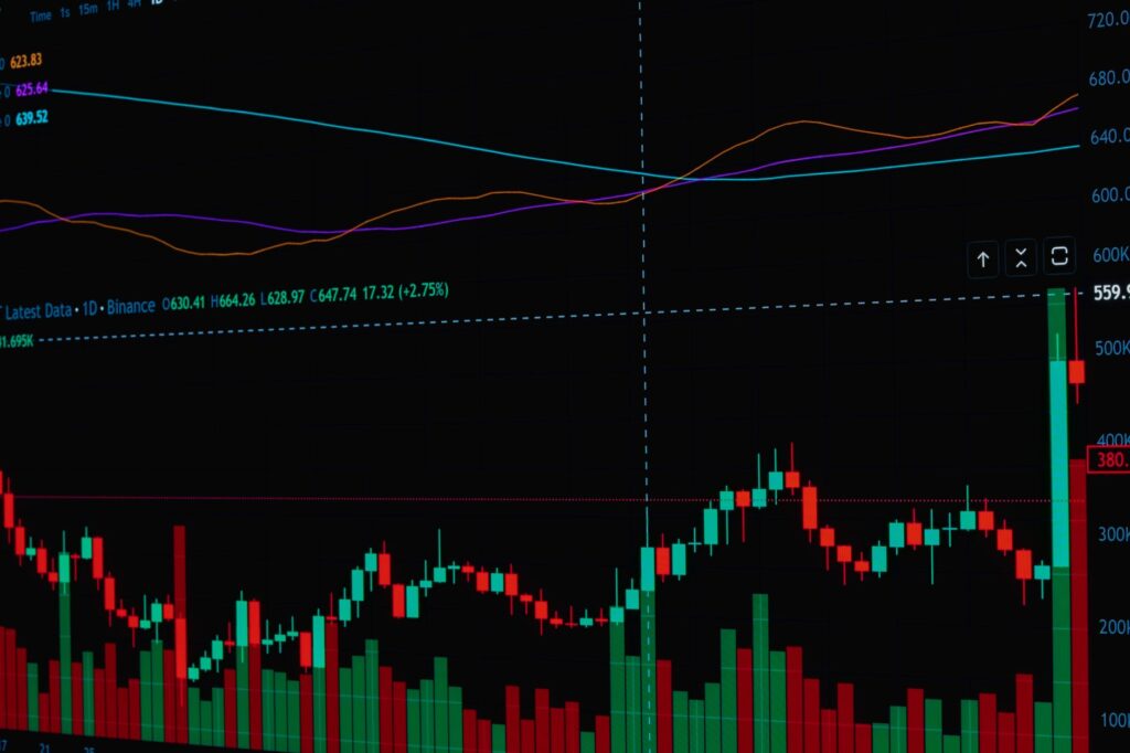 Detailed view of a digital cryptocurrency stock market graph indicating trends and analytics.