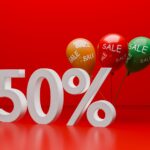 Bright red promotional image showcasing a 50% sale with balloons.