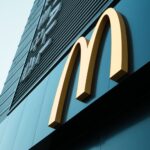 Large fast food restaurant golden arch sign on a modern building facade.