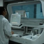 A lab technician operates a clinical analyzer in a modern laboratory setting.