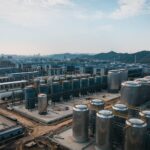 Expansive aerial view of an industrial complex with storage tanks, located in China.