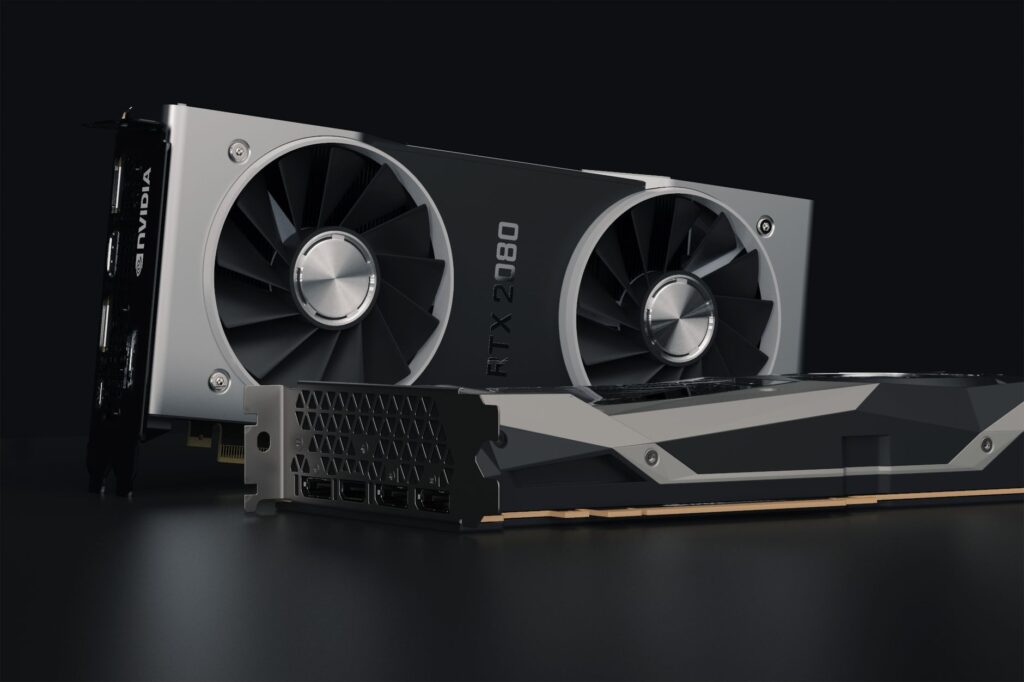 Detailed close-up image of NVIDIA RTX 2080 graphics card showcasing hardware components.
