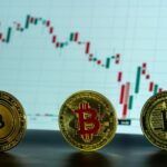 Bitcoin coins displayed in front of a financial market graph, illustrating cryptocurrency trends.