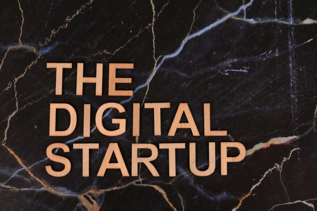 Wooden letters spelling 'The Digital Startup' on a dark marble background. Ideal for business and tech themes.