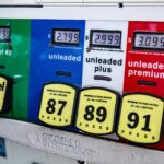 Close-up of a vintage gas pump station showing fuel prices and octane ratings in Los Angeles.