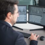A businessman in a suit analyzing financial charts and graphs on two computer monitors indoors.
