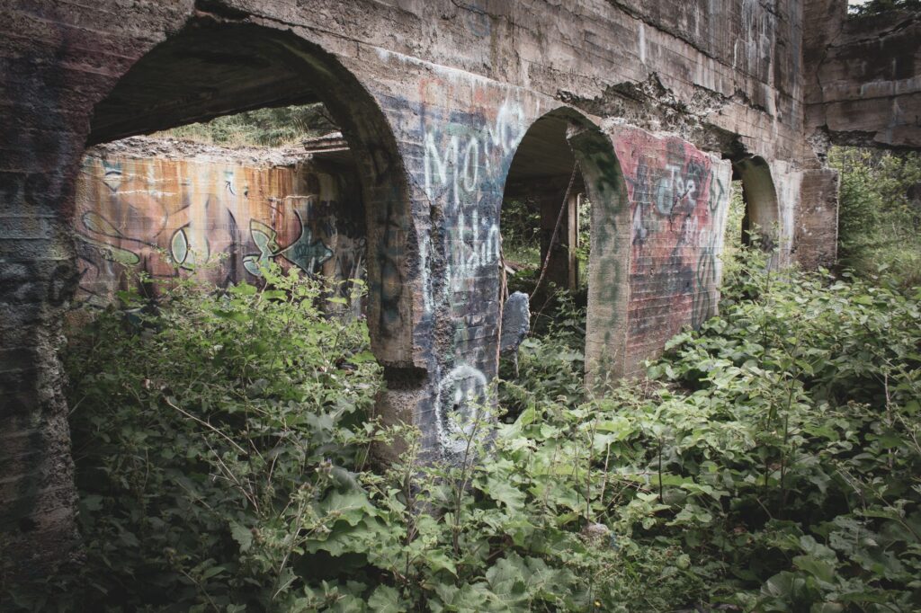 Explore the overgrown greenery and graffiti on this abandoned Canadian structure.