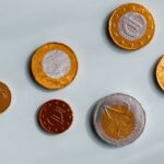 Top view of coins diverse denomination of European Union placed on marble surface