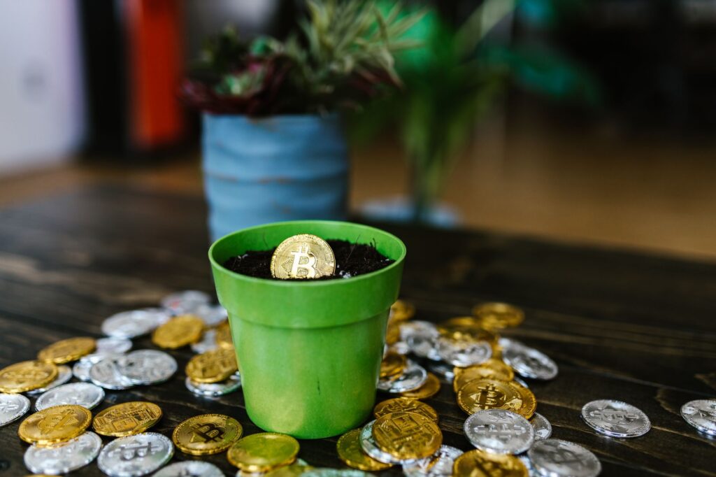 Bitcoin coin in a green pot surrounded by crypto coins on a wooden table.