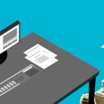 Illustration of modern computer and documents with cash and arrow up showing increase of incomes against blue background