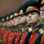 Close-up of Russian soldiers in ceremonial uniforms participating in a parade formation.