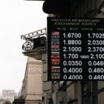 Currency exchange rates sign on a street in Baku, Azerbaijan.