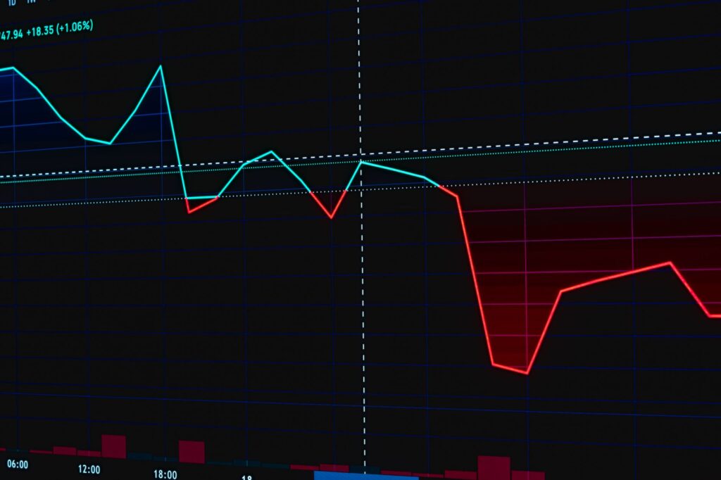 Visual representation of a fluctuating stock market chart with red and green lines.