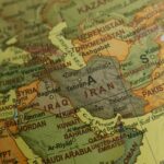 Close-up view of Middle East map highlighting countries and borders.