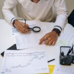 Business professionals reviewing charts with a magnifying glass in an office setting.