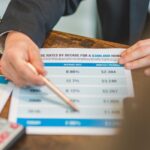 A close-up of hands analyzing mortgage rate documents with a pen and calculator in a business setting.