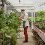 A gardener wearing gloves tends to plants inside a greenhouse filled with potted greenery.