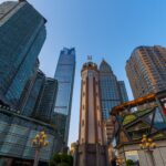 Urban skyline of Chongqing city center with iconic skyscrapers and vibrant city life.